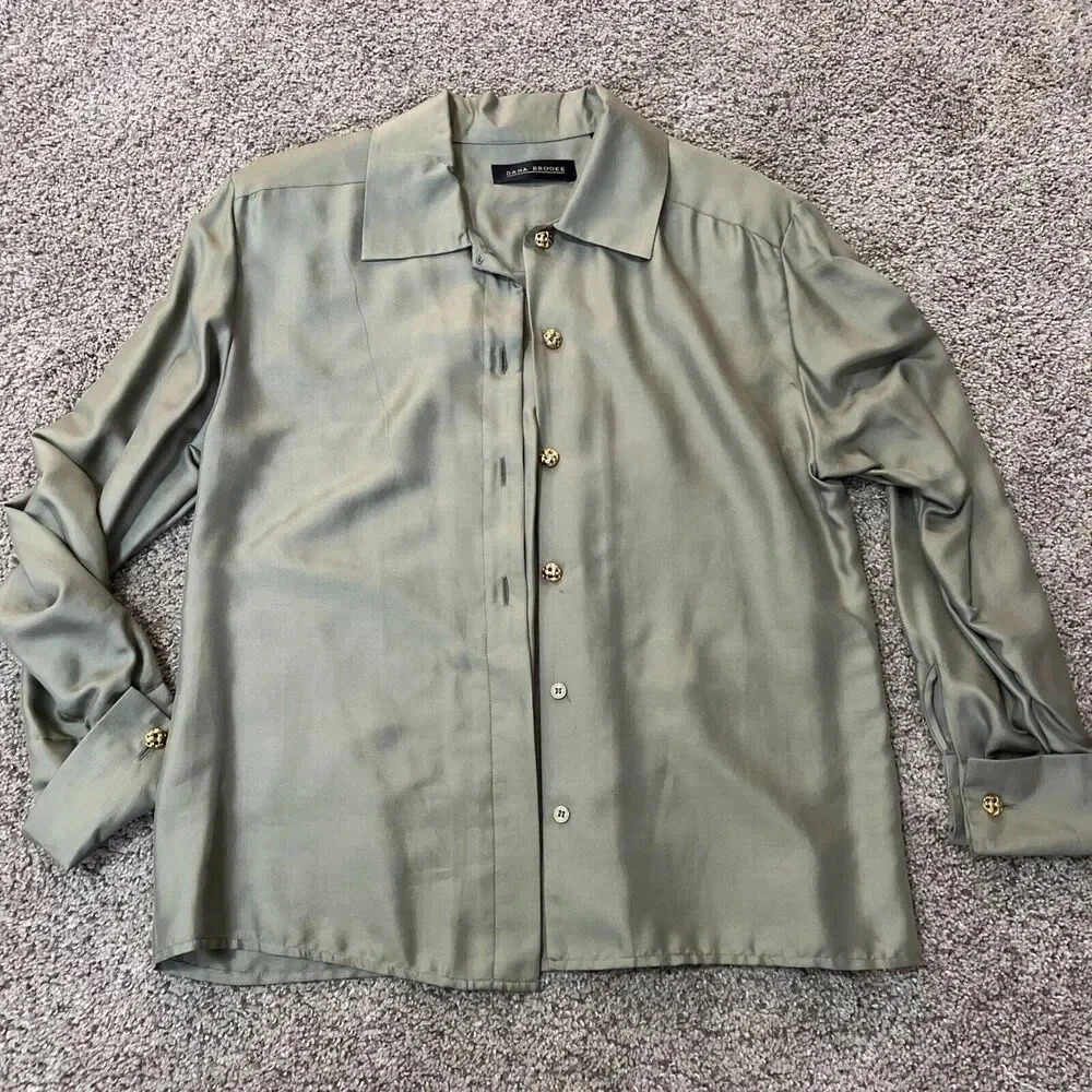 NWOT Dana Brooke Womens Long Sleeve Shirt‎ Blouse 100% Silk Green Size 10 L Work